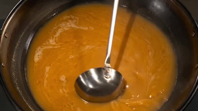This close-up shot shows a metal ladle resting in a simmering orange savory soup inside a black cooking pot, capturing a home cooking scene.