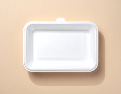 White styrofoam food container mockup on soft cream background for takeaway packaging, food delivery and restaurant branding concept