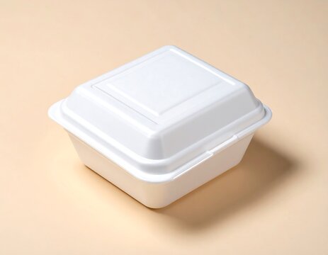 White styrofoam food container mockup on soft cream background for takeaway packaging, food delivery and restaurant branding concept
