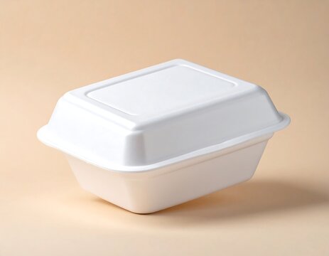 White styrofoam food container mockup on soft cream background for takeaway packaging, food delivery and restaurant branding concept