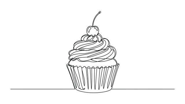 Continuous single line drawing of a sweet cupcake with cherry.