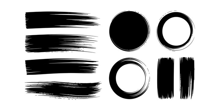 Set of black ink brush strokes and round shapes for creative graphic design projects featuring textured artistic marks and hand drawn circles Vector, illustration