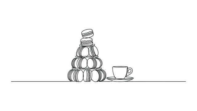 Continuous line drawing of a stack of macarons and a cup of coffee.