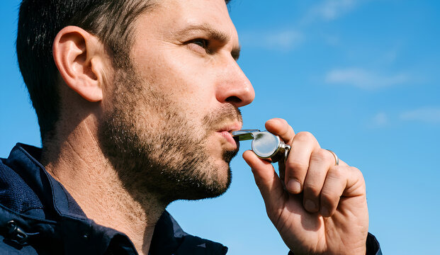 Side view of a determined young man or personal trainer blowing a whistle to start a workout, concept of leadership, discipline, and outdoor fitness training