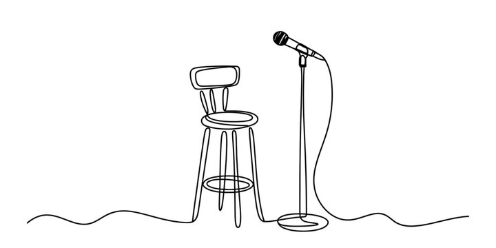 Continuous single line drawing of a microphone on a stand next to a high wooden stool for a stand up comedy show or music performance stage setup Vector, illustration
