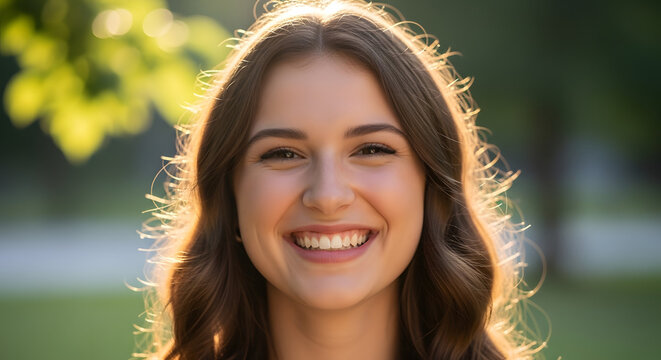 Young woman smiling outdoors with sunlight highlighting her hair, representing happiness and natural beauty. This image is suitable for lifestyle, wellness, and positive emotion concepts.
