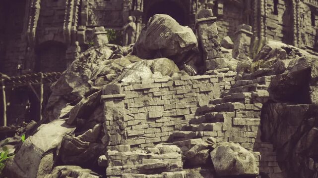 rock strewn stairway leading to arched gateway, archaeologist documenting finds and mapping layers among collapsed masonry and plant growth