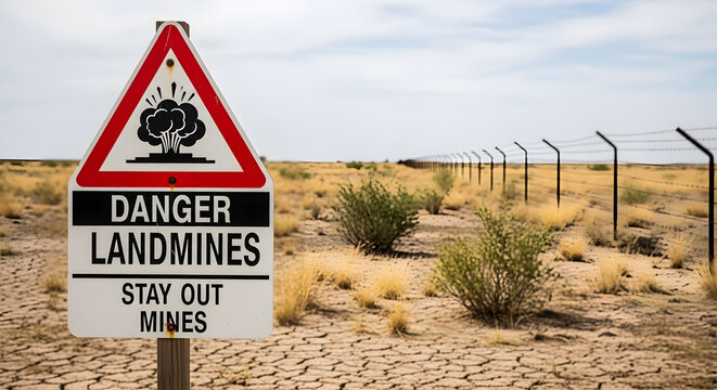 Danger landmines warning sign in arid landscape with barbed wire fence, concept of restricted area and hazard.