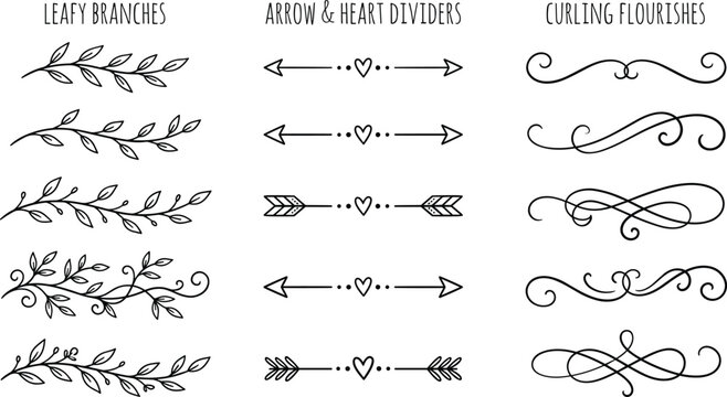 Hand Drawn Leafy Branch Arrow Heart and Curling Flourish Divider Vector Set for Wedding Invitation Card Calligraphy Ornaments and Page Borders