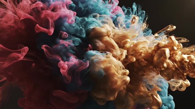 Visually stunning abstract explosion of vibrant watercolor pigments and shimmering golden particles mingling and swirling dynamically within a dark, atmospheric void creating an energetic