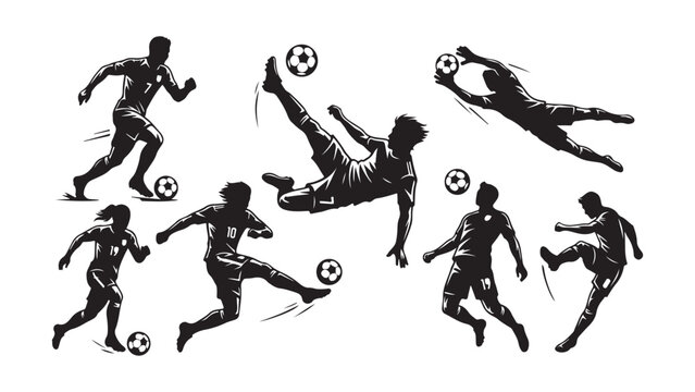Detailed silhouettes of professional soccer players in dynamic action poses