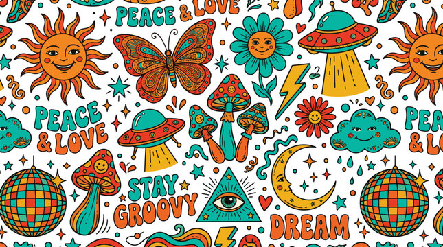 Retro 70s Hippie Typography Doodle Pattern with Smiley Sun Paisley Butterfly UFO Mushroom All Seeing Eye Disco Ball and Peace Love Stay Groovy Dream Slogan Collection
