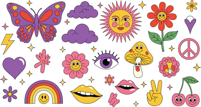 
Retro Groovy Boho Sticker Set with Purple Butterfly Smiley Sun Daisy Evil Eye Mushroom Lips Peace Sign Cherry Rainbow Cloud and Feminine Vintage Elements Collection