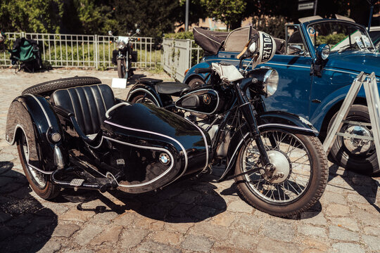Berlin, Germany - May 2, 2026: BMW Motorcycle with Sidecar at Classic Vehicle Show