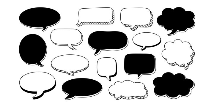 Set of hand drawn speech bubbles and thought balloons in black and white styles for comic book design elements and creative chat messaging icons Vector, illustration