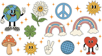 Retro groovy hippie sticker pack with vintage cartoon earth character smile flower rainbow peace sign and heart vector elements, © MdRezaul