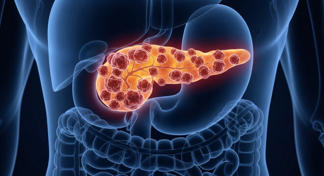 3D medical illustration of pancreatic cancer in a human body