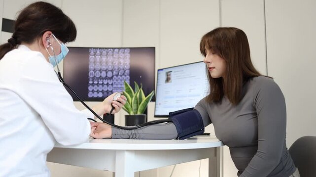 Young woman visits doctor for routine blood pressure check and general health examination in modern medical office during regular healthcare appointment