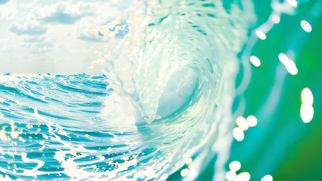 Powerful ocean wave cresting and breaking with white foam and sunlight glinting