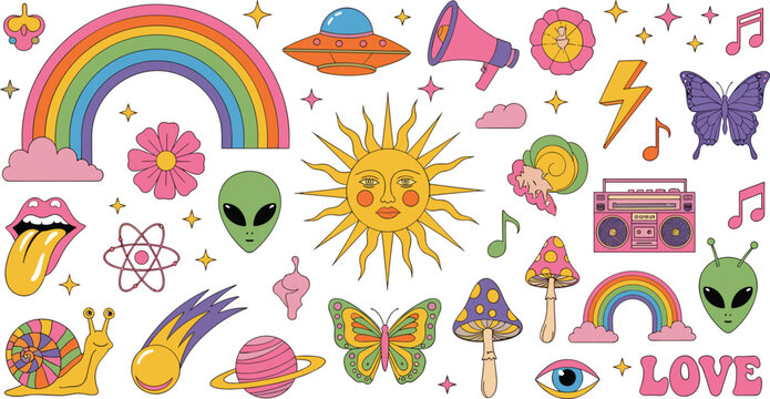 Retro Psychedelic Cosmic Sticker Set with Rainbow UFO Smiley Sun Alien Butterfly Mushroom Boombox Snail Planet Comet Evil Eye and Love Typography Elements Collection