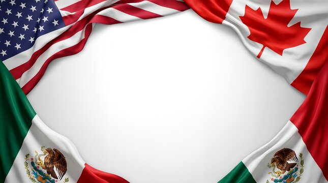 Waving flags of united states canada mexico forming a dynamic border frame on white background for north american concepts north america national flag