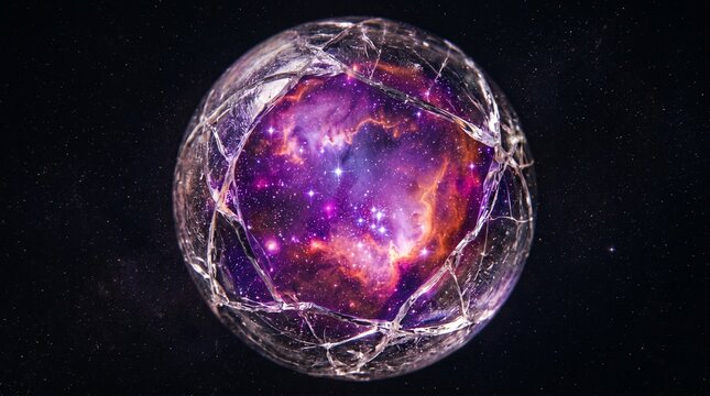 Glowing purple planet with silver network on black background