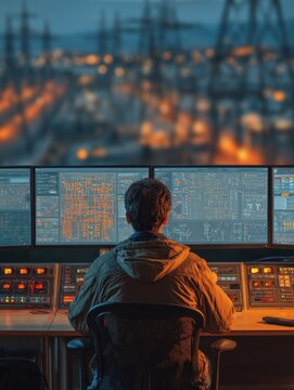 Rear view of dispatcher or engineer monitoring energy distribution grids on multiple screens in control room, electrical power station dashboard interface at night with blurry background lights