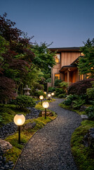 Obraz premium A pathway made of gravel winds through a garden with plants and lanterns glowing softly. The house stands in the background, framed by trees and shrubs in the evening light.