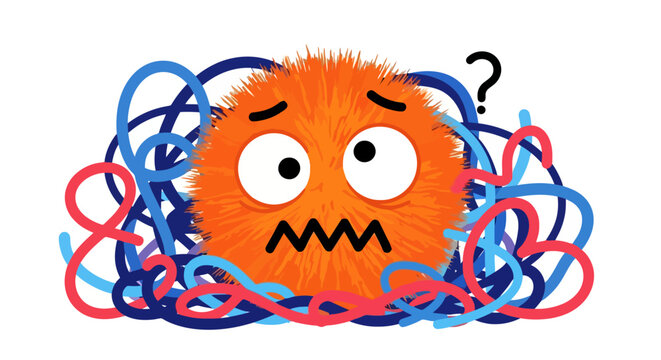 Confused furry orange monster tangled in colorful lines.