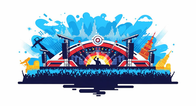Music festival concert stage with DJ and cheering crowd