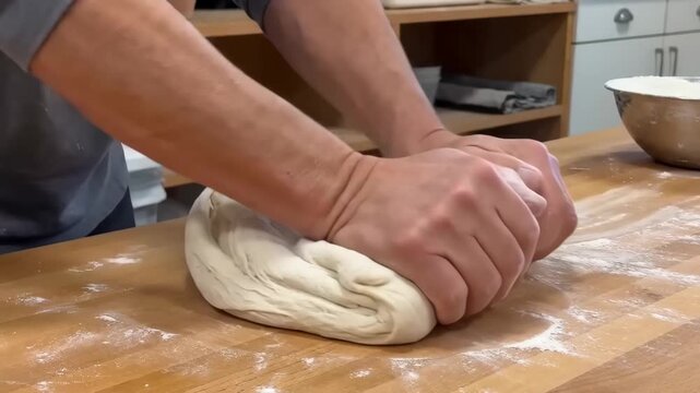 Close-up shot of a male chef kneading wheat dough on a floured wooden kitchen countertop during food preparation.