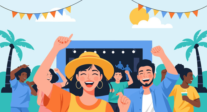 Joyful crowd dancing at an outdoor music festival.