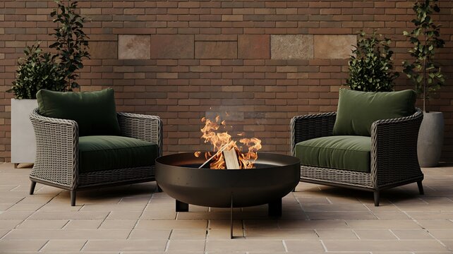Fire burning in a fire pit between two chairs
