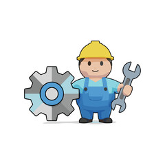 Fototapeta premium Cartoon mechanic with wrench and gear construction worker mechanic construction industry