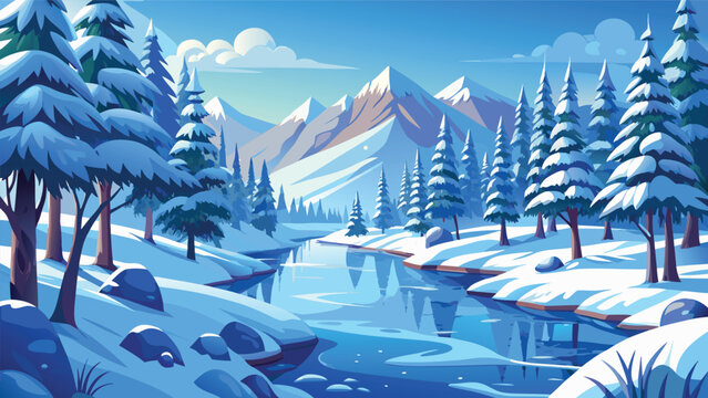 Beautiful winter landscape with snow covered pine trees and a calm river near high mountains Vector