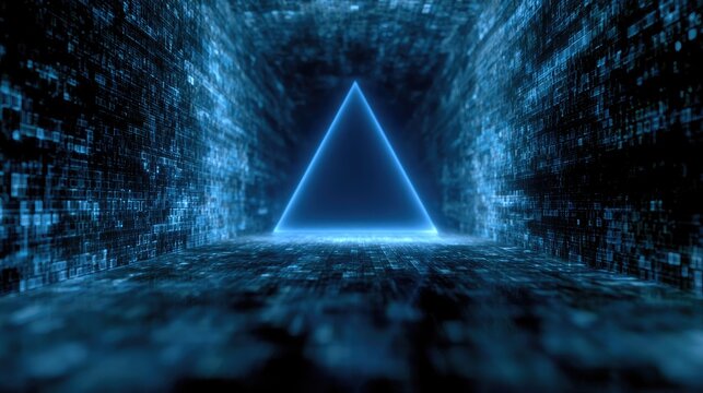 Glowing blue triangular portal within a digital tunnel of data streams