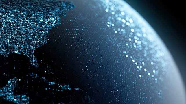 Close-up of a digital globe illuminated by countless tiny, glowing blue lights