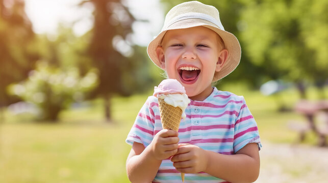 Laughing child in a striped shirt and hat holding an ice cream cone outdoors in a park on a sunny day. Childhood joy, summer treat
