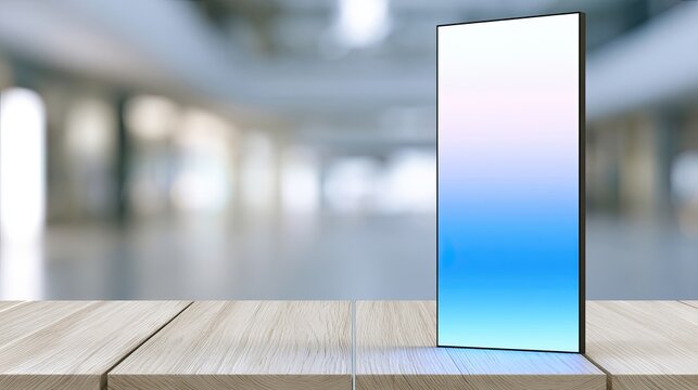 Tall, sleek digital screen displays gradient light on wooden table, soft background