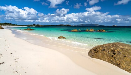 Fototapeta premium A pristine beach with white sand and turquoise water under a partially cloudy blue sky, with large boulders