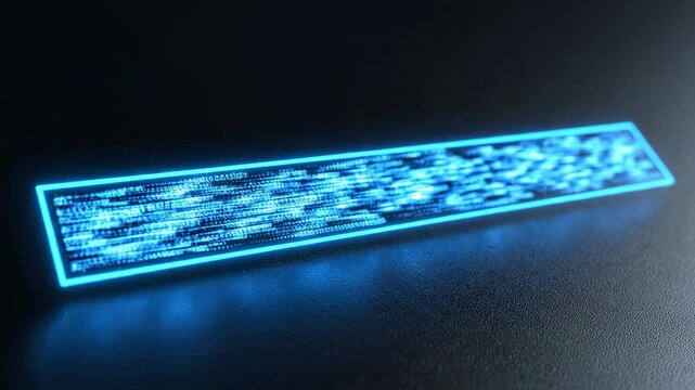 Illuminated digital display panel showcasing lines of glowing blue computer code and data streams, conveying technological advancement and complex information processing with a striking neon