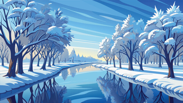 Beautiful winter landscape with snow covered trees along a calm river Vector