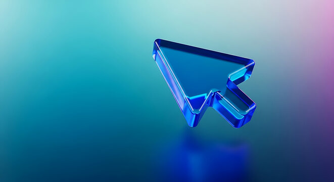 Abstract 3D blue glass computer mouse pointer cursor icon on gradient background with computer internet interface technology navigation selection computing software abstract