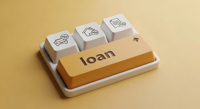 Macro view of keyboard keys including one labeled loan for financial concepts with keyboard business interest mortgage investment computer corporate financial