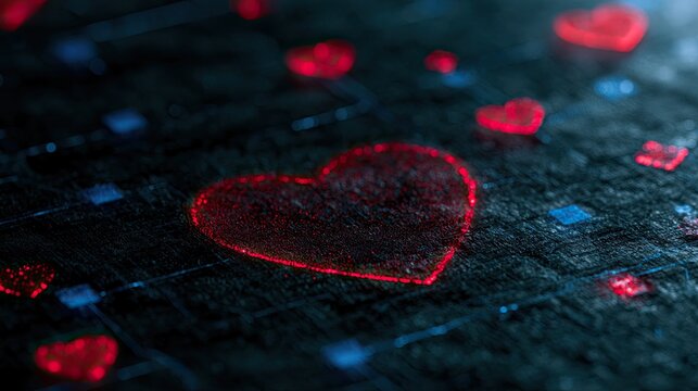 Glowing red hearts with digital matrix background, abstract connection