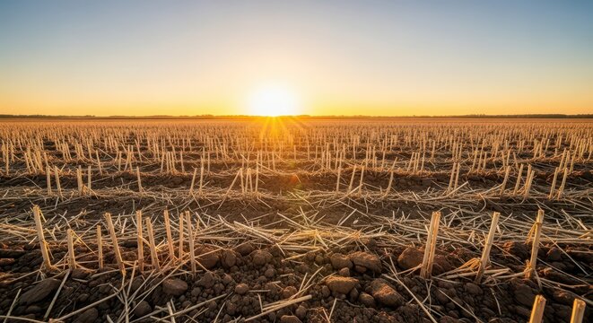 Golden autumn sunlight bathes a vast agricultural field after harvest, showcasing rich brown earth and scattered dry stalks, farm, clear sky, soil