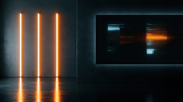 Modern minimalist interior with vertical orange neon lights and a dark screen