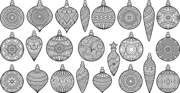 Ornate Christmas Bauble and Ball Ornament Line Art Vector Set with Intricate Mandala Swirl and Zentangle Patterns for Festive Holiday Coloring Pages