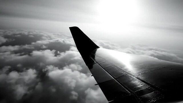 Black and white view from an airplane wing flying above white fluffy clouds toward the bright sun