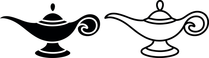 Black and white illustration of magic lamp with swirling flame design © Raton
